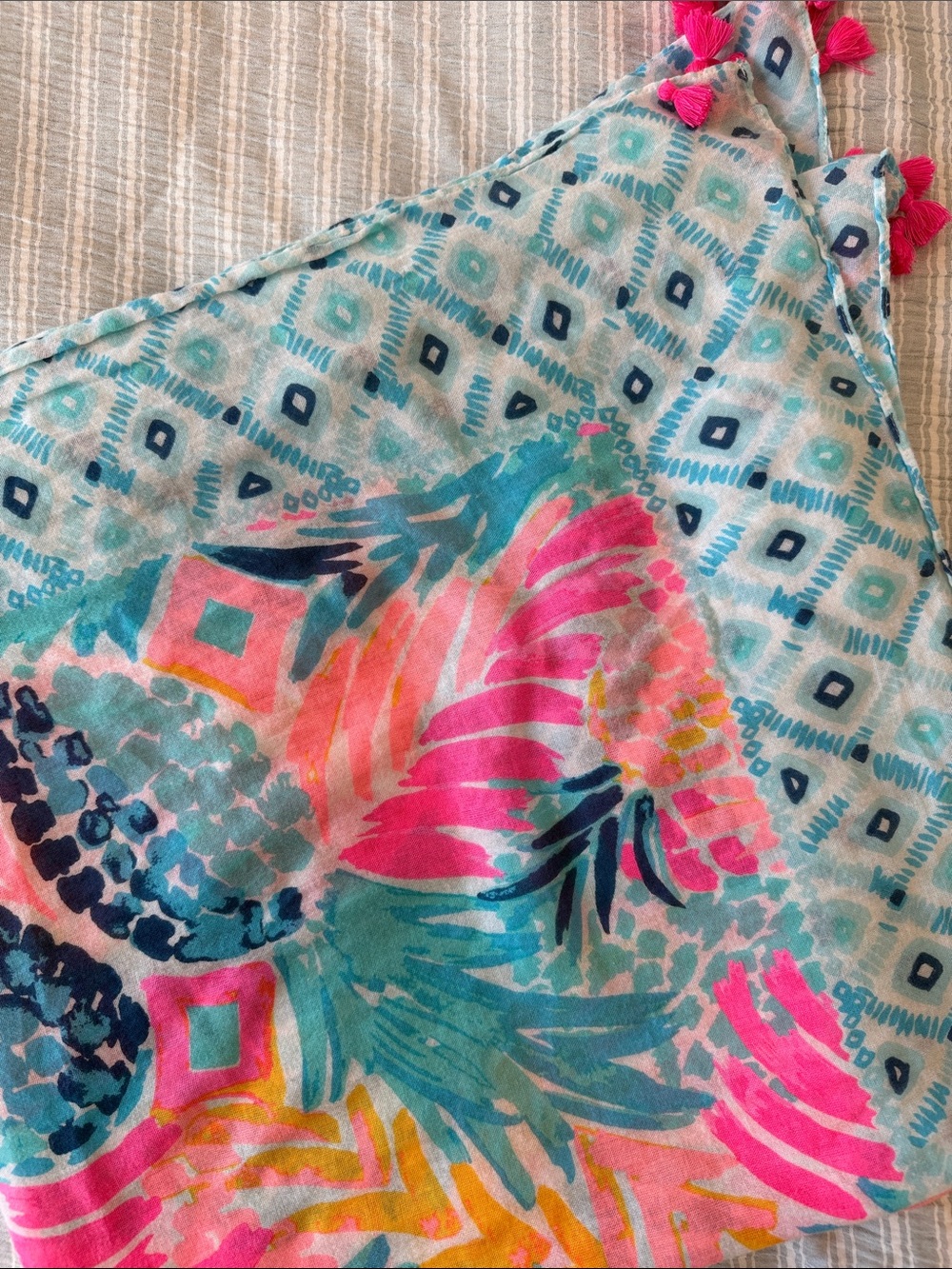 Lilly Pulitzer Multicolor Pineapple Scarf with Pink Tassels